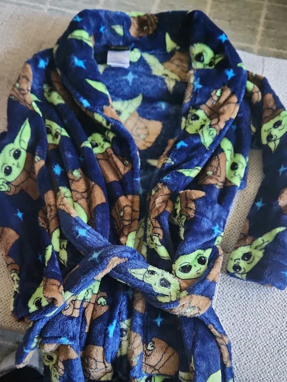 Plush Kids Robe with Green Character Print - Navy